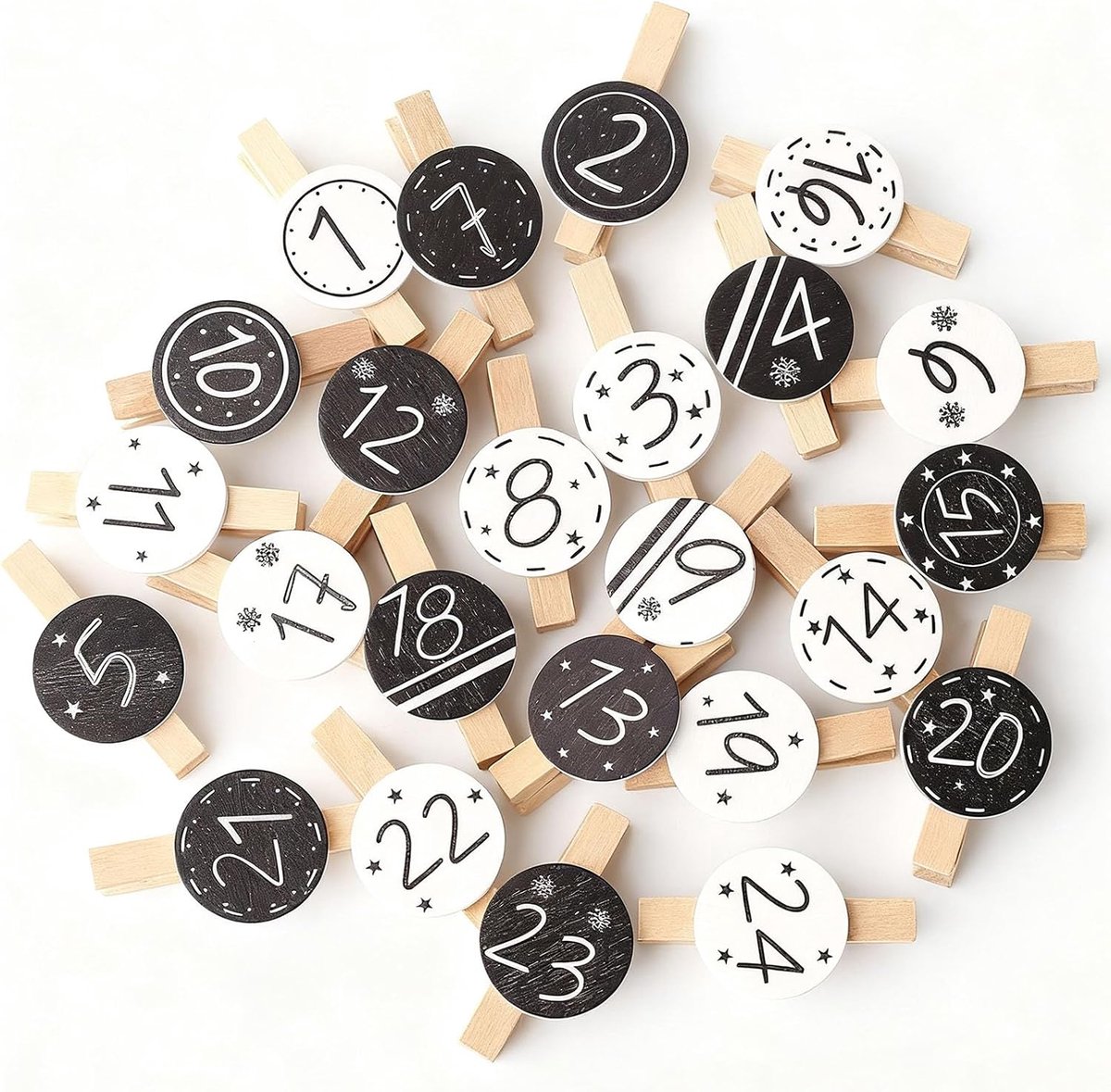 Adventskalender nummers hout 1-24 - 2 sets houten figuren - met ster - eenvoudig te bevestigen - SnelShoppen