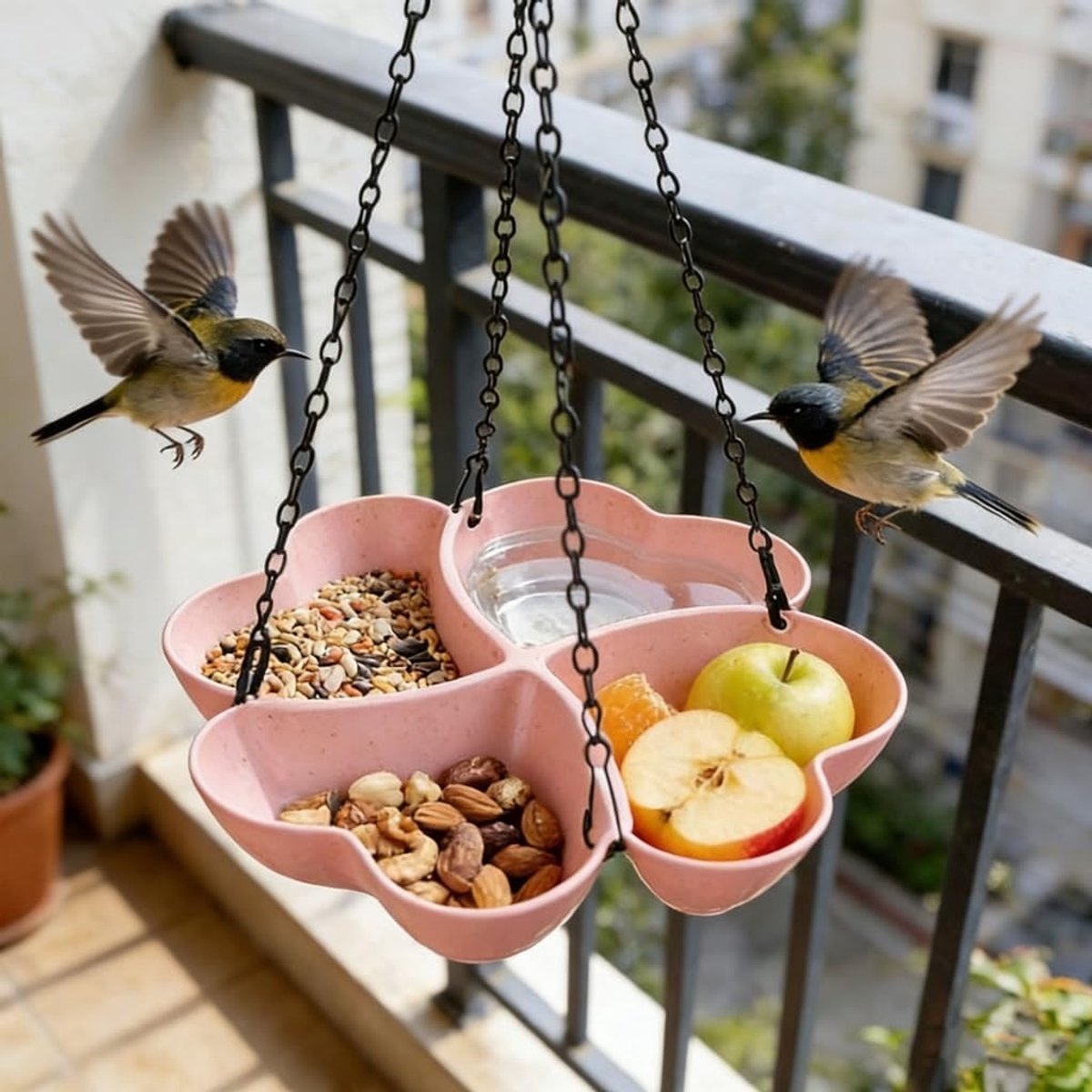 KZQ 4-vaks hangend vogelvoederhuisje in vierklavervorm - Eenvoudig te vullen en weerbestendig - Perfect voor tuin en balkon - Roze