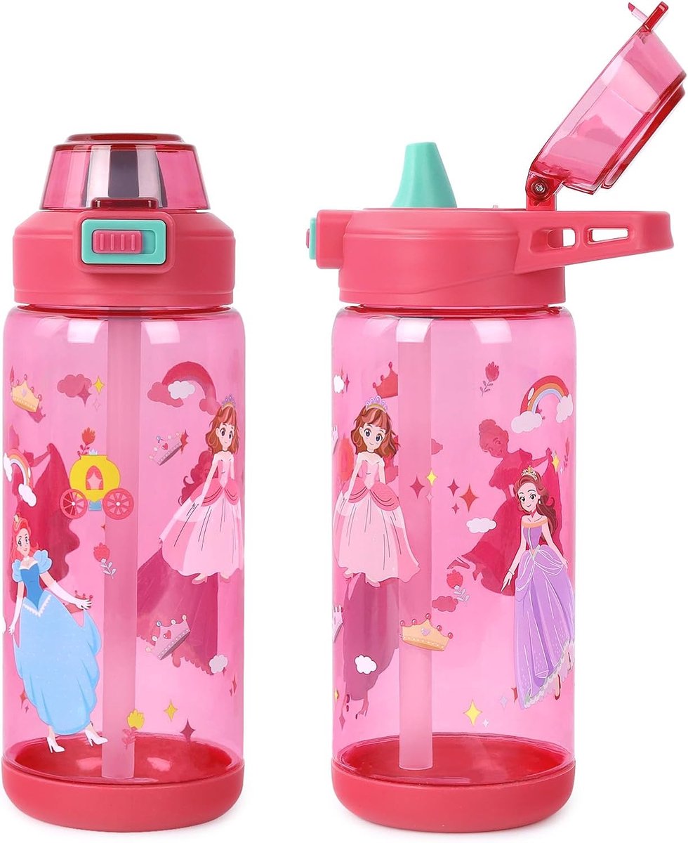 SnelShoppen - Pop-up Kinder Drinkfles 600 ml met Rietje, Lekvrij, Handvat, Ideaal voor School en Buitenactiviteiten, Roze Prinses Design