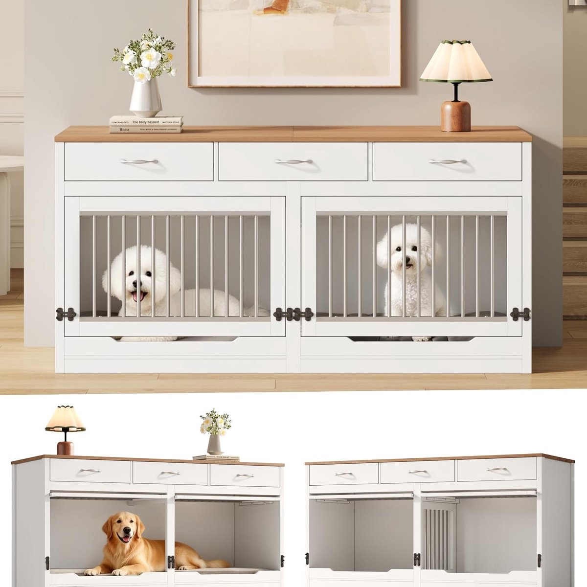 Houten Hondenbox - Hondenkooi Binnen - Veilige Rustplek - Uitneembare Scheidingswand - 164 x 60 x 81 cm - Wit Houtnerflook