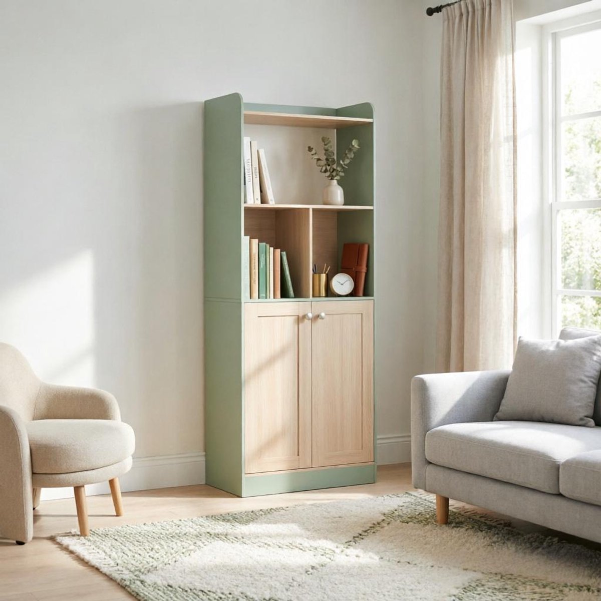 Stijlvolle Boekenkast Met Open Vakken En Dichte Kast - Smal Design Voor Woonkamer - Groen En Houtkleur - 60 X 30 X 161,2 Cm