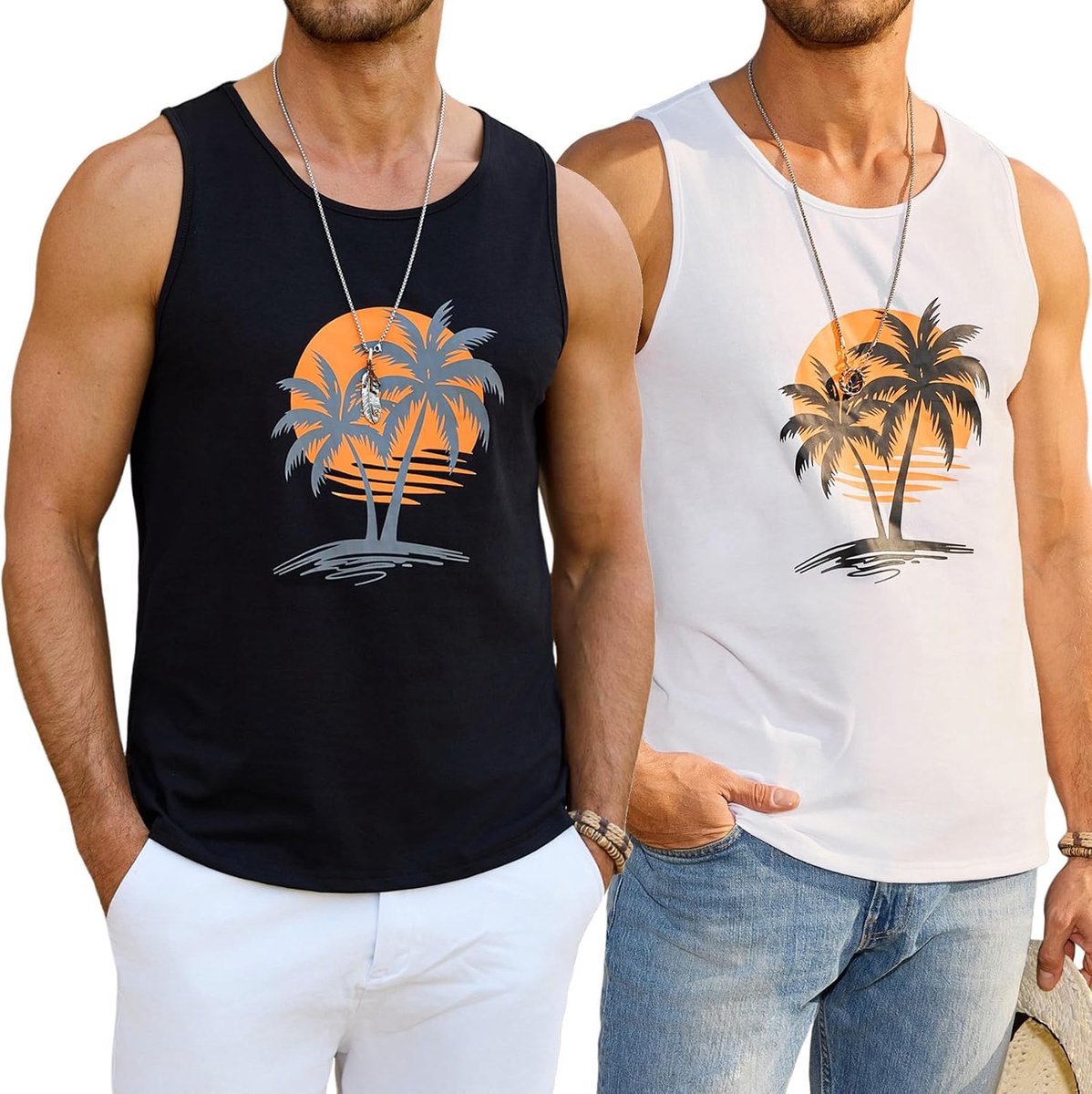 Heren Tanktop M - Katoen - Zomerprint met Palmbomen - Ademende Gym Tanktop - SnelShoppen
