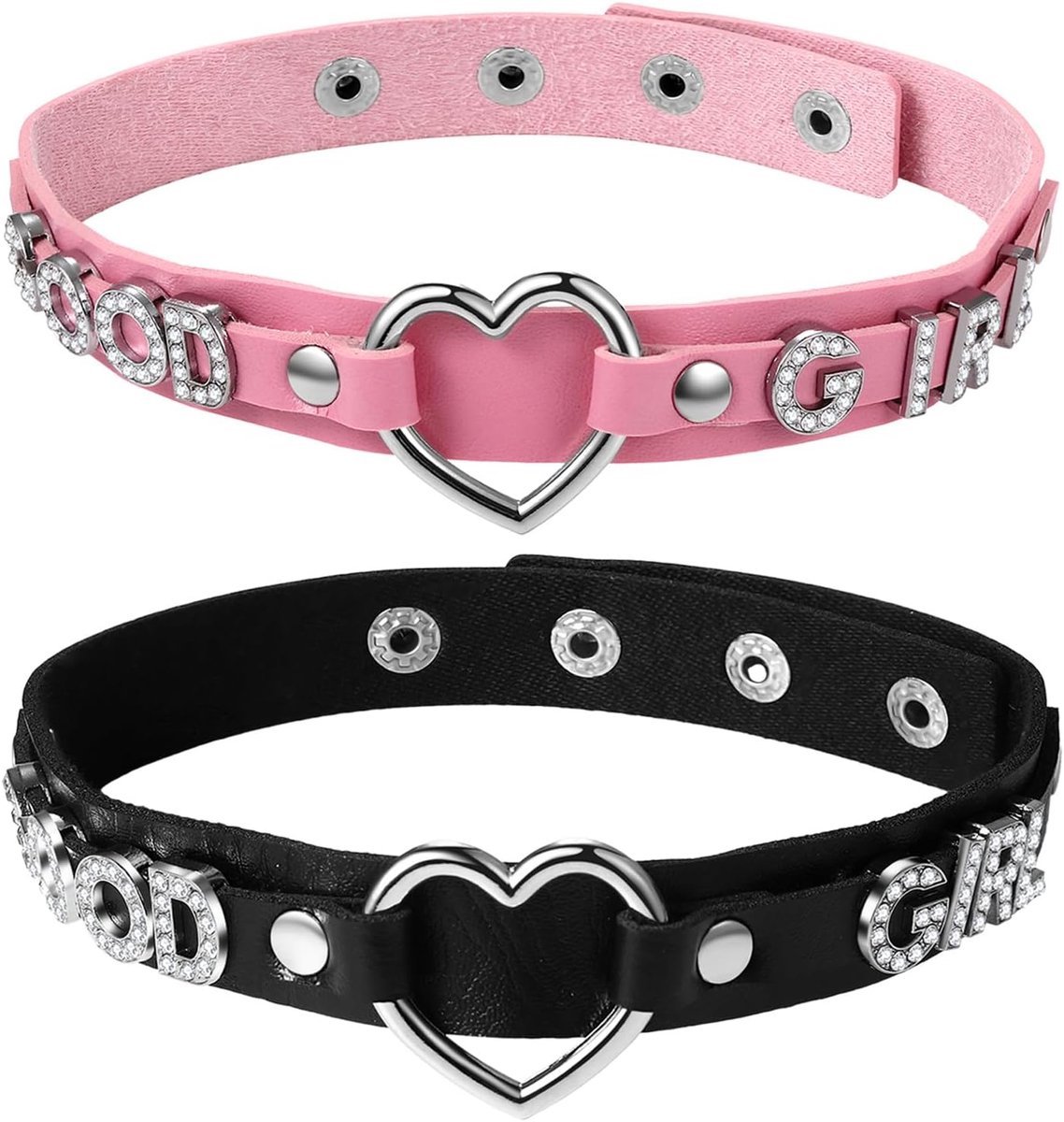 Choker halsband vrouwen met hart - zwart roze leer - verstelbaar met strass letters - SnelShoppen