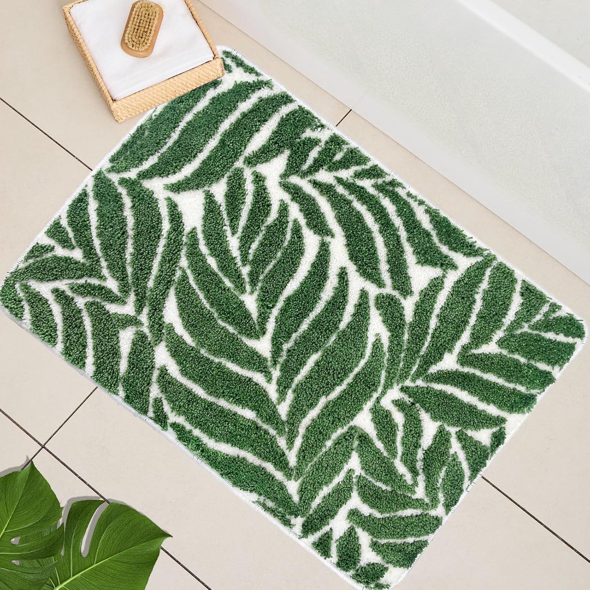 Badmat Donkergroen Blad - Antislip, Machinewasbaar - Waterabsorberend voor Bad en Douche - SnelShoppen