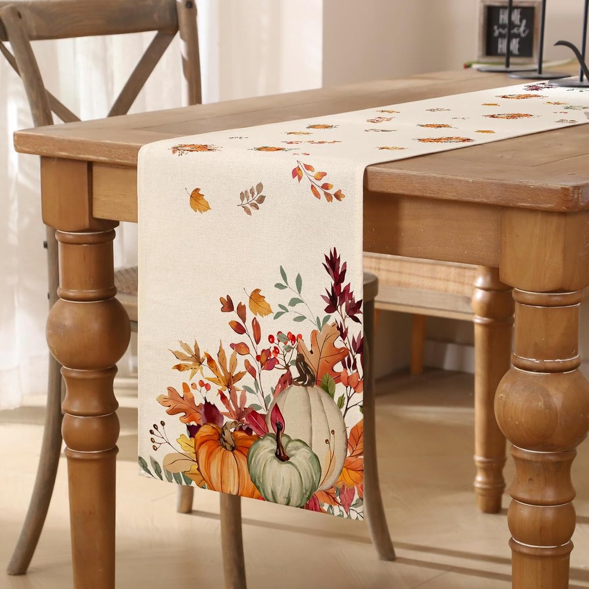 Herfsttafelloper 40x140cm - polyester - oranje en groene bladeren - perfect voor eettafel - SnelShoppen