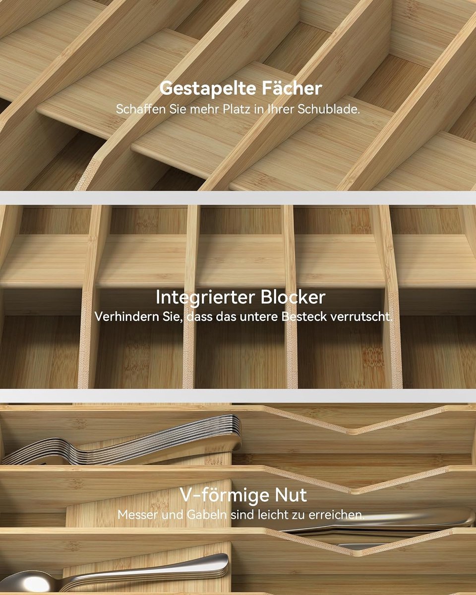 Bestekhouder 10 vakken - Bamboebestekbak met V-vormige groef - Antislip blokken voor keukengerei - SnelShoppen