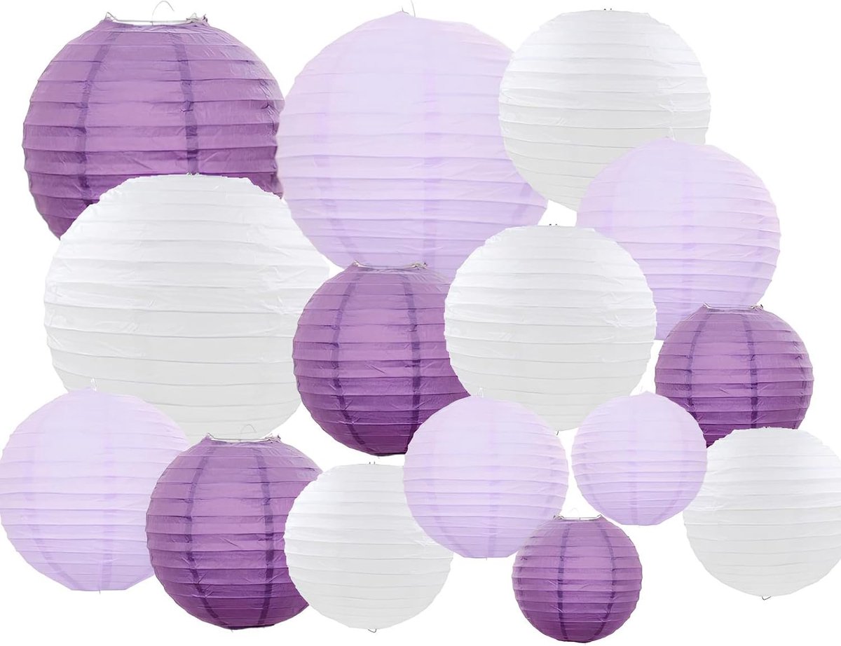 SnelShoppen - 15 Stuks Decoratieve Papieren Lantaarns in Lavendel, Lichtpaars en Wit - Ronde Hangende Lantaarns voor Bruiloft, Verjaardag en Tuinfeest