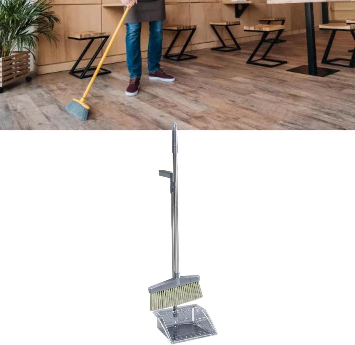 Bezem Stofferset - Stoffer en blik - Efficiënt schoonmaken - Stofvrij ontwerp - Grote veegbreedte - Grijs