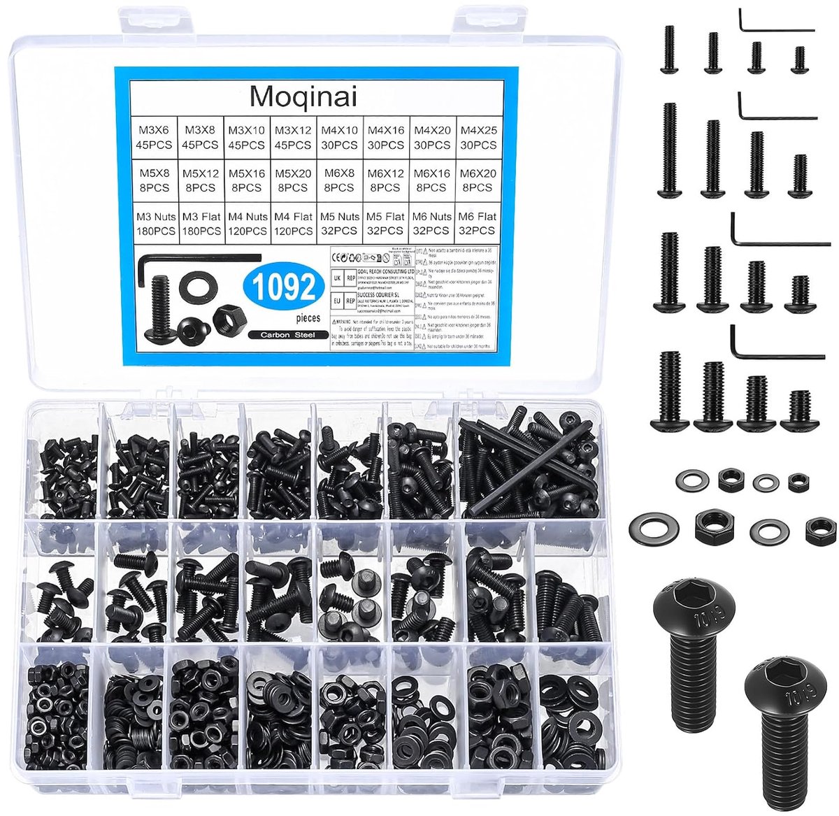 Schroevenset 1092 stuks M3, M4, M5, M6 - zwarte ronde kop - koolstofstaal - duurzaam en slijtvast - ShopVlot