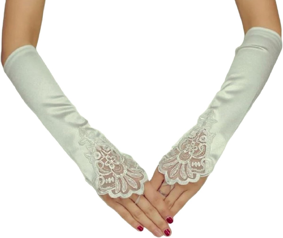 Vrouwenlange Vingerloze Handschoenen Elegant - 34 cm met Parels en Versieringen - Perfect voor Ceremonies - ShopVlot