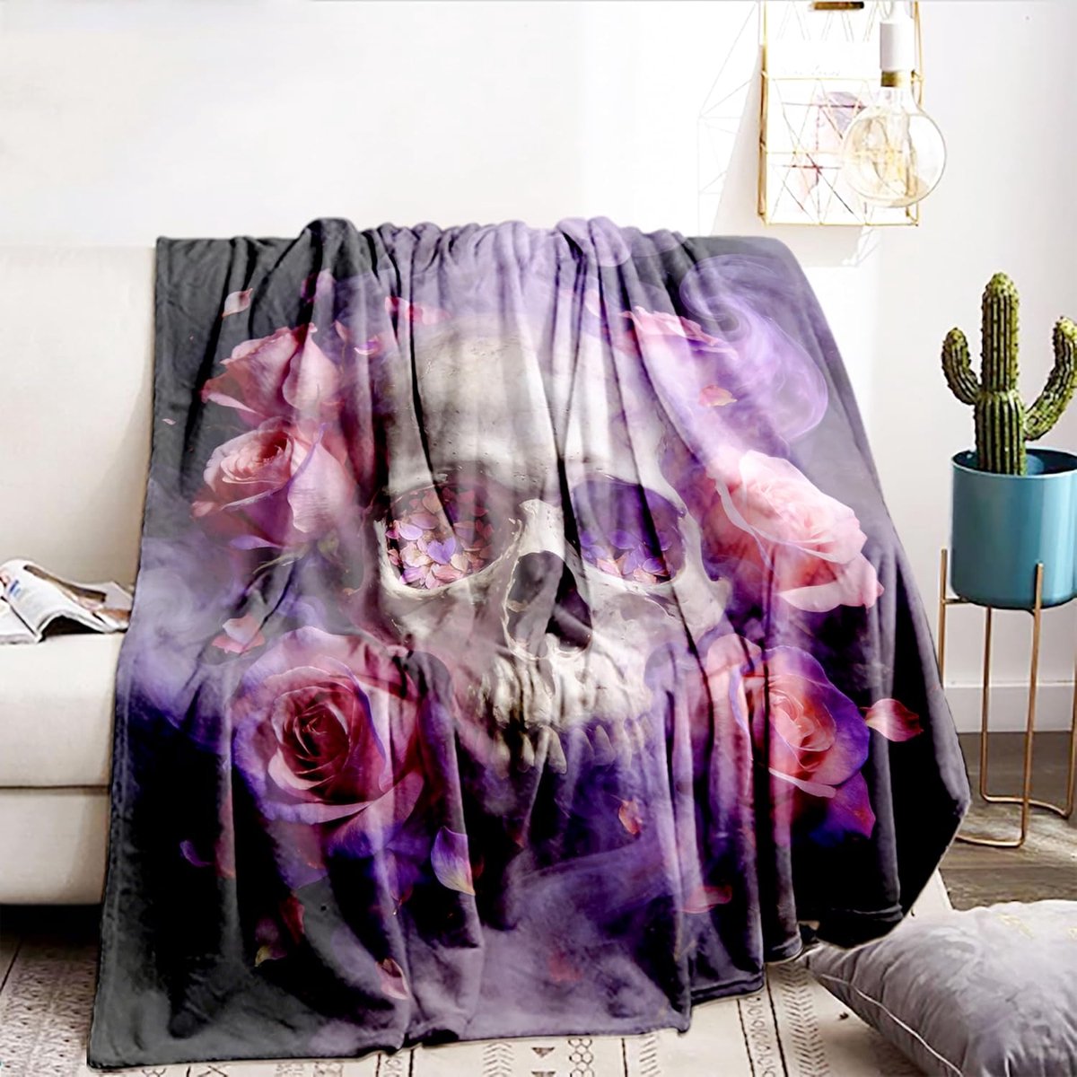 Deken met doodskoppatroon 130 x 150 cm - zachte imitatiebont - comfortabel en warm - perfect voor Halloween - ShopVlot