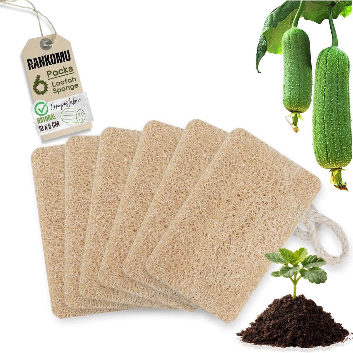 Loof spons set van 6 - 100% biologisch afbreekbaar - dubbelzijdig met ophanghaak - ideaal voor keuken en badkamer - ShopVlot