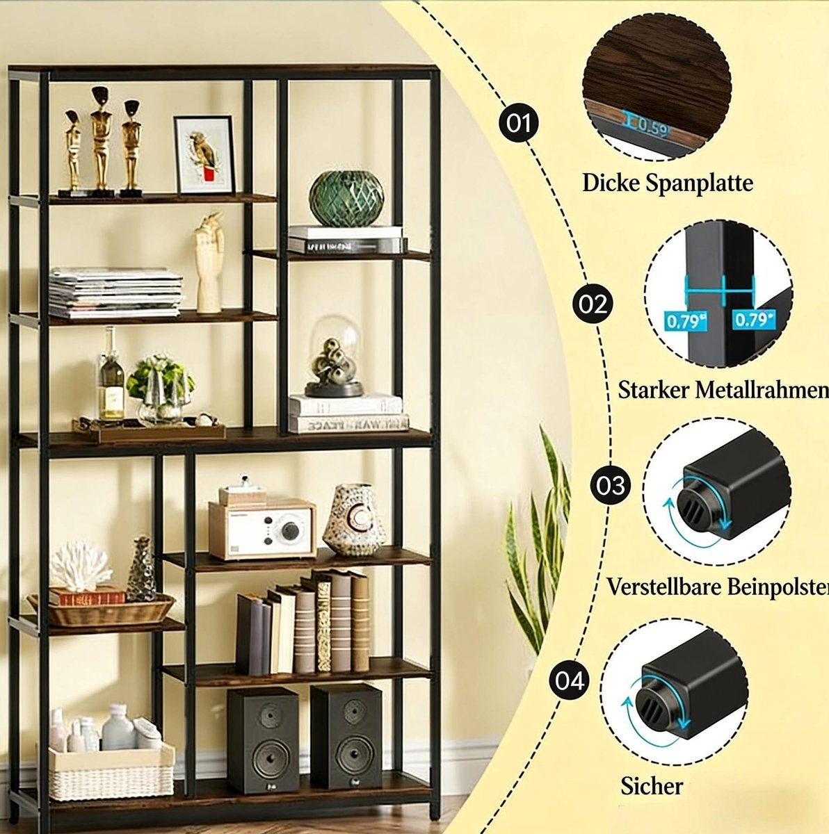 Boekenkast Industrieel – 100 x 30 x 200 cm – Metaal En Spaanplaat – Zwart En Rustiek Bruin – Open Opbergruimte Met Gelaagde Planken