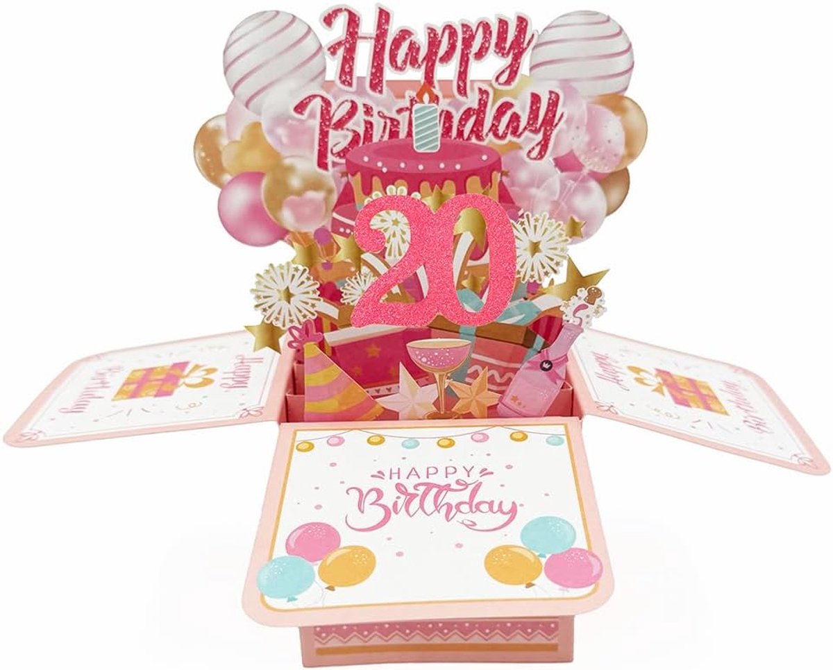 Pop-up verjaardagskaart 20 jaar - 3D ontwerp - grappige wenskaart voor meisjes - perfect cadeau voor haar - ShopVlot
