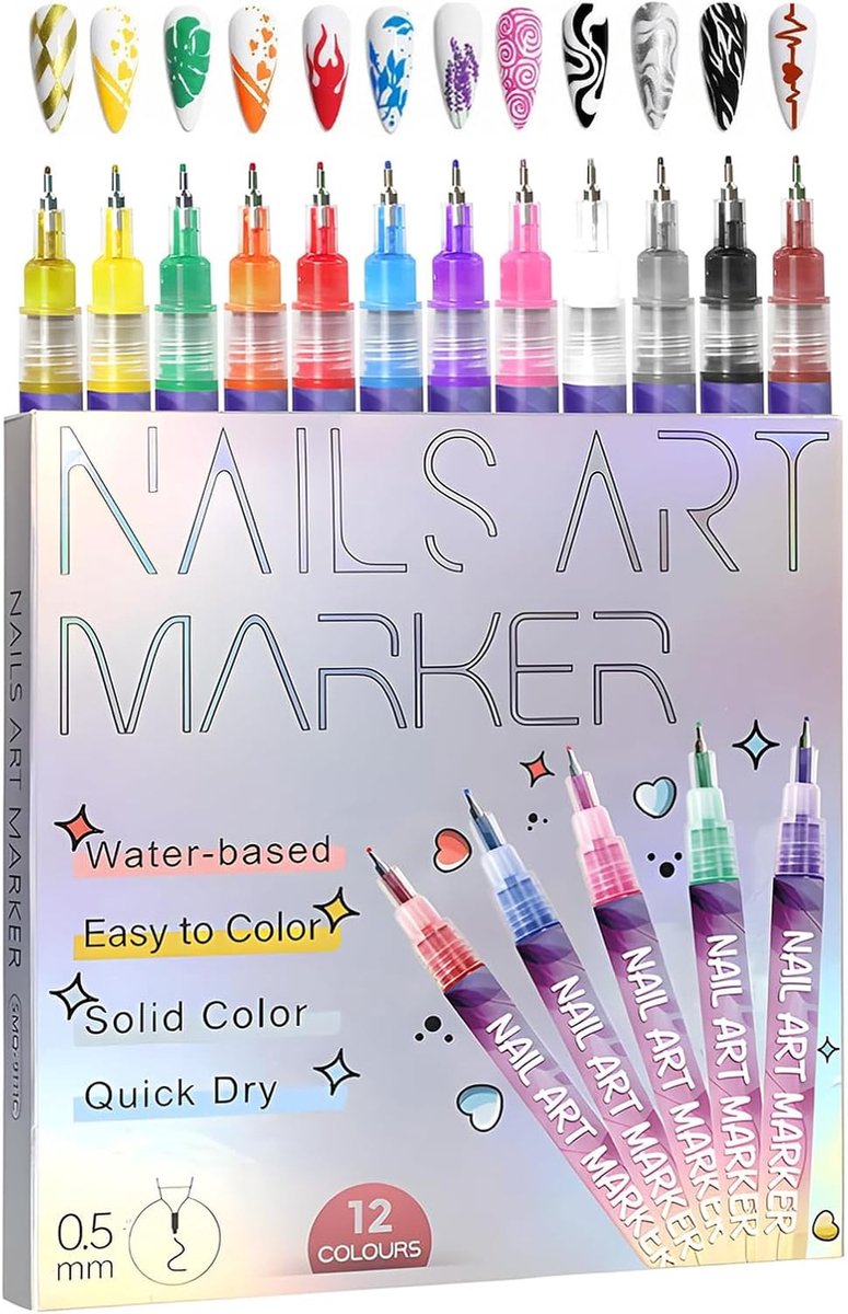 Nail Art Marker Set 12 Kleuren - Waterbasis - Fijne Punt 0.5 mm - Precisie voor Mooi Nageldesign - ShopVlot