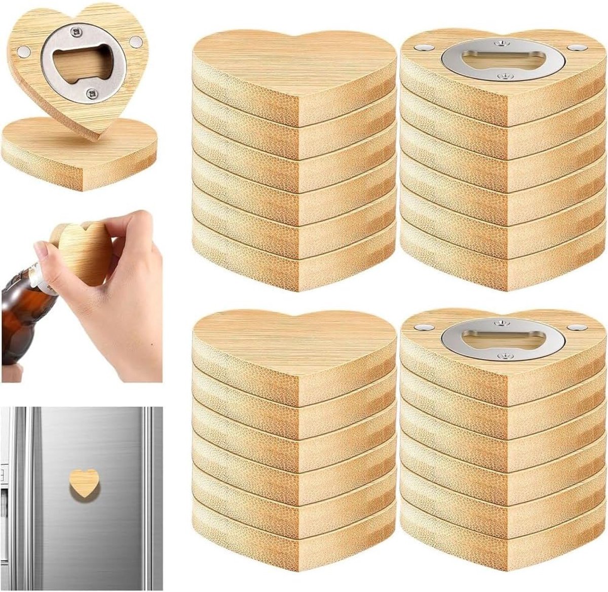 Bieropeners hartvorm 6,35 cm - bamboe, magnetisch - gepersonaliseerd, perfect voor bruiloften - ShopVlot