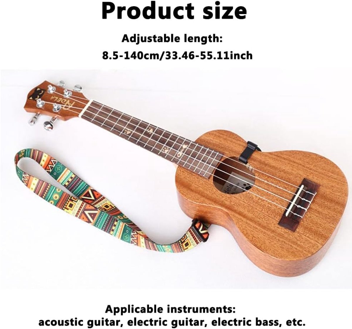 Ukulele band verstelbaar 59cm-140cm - etnisch design - clip-on sluiting - comfortabel spelen - ShopVlot