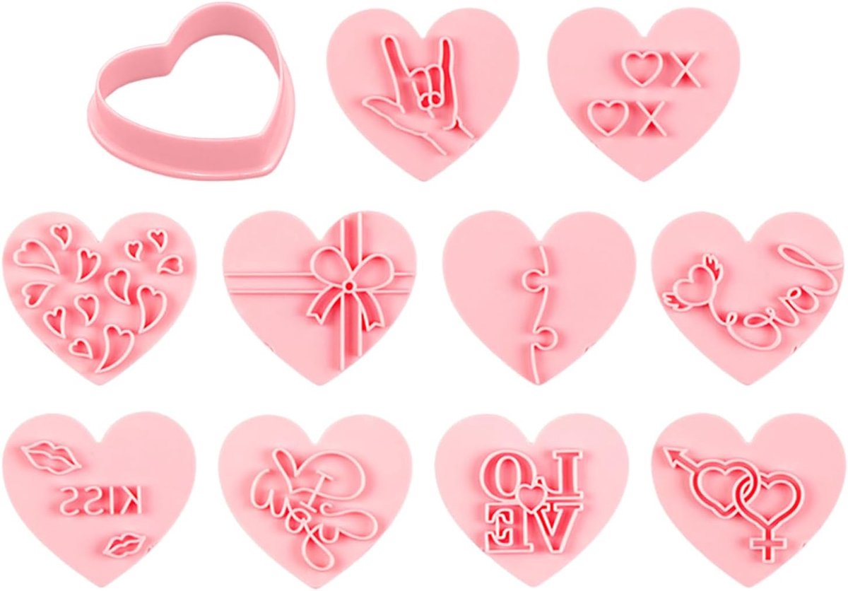 Hartkoekstempels set van 10 - 3D kunststof - roze - perfect voor Valentijnsdag - ShopVlot