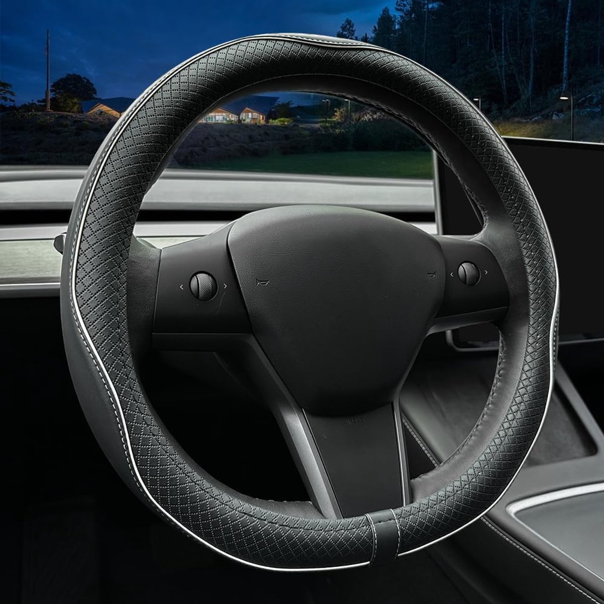 Stuurwielhoes Tesla Model 3/Y - Ultra dun nappa leer - Antislip ontwerp - Comfortabele grip - SnelShoppen
