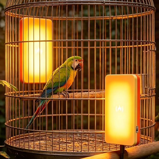 Twee oranje en beige vogelverwarmingspanelen gemonteerd in een vogelkooi met een kleurrijke ara op een zitstok.