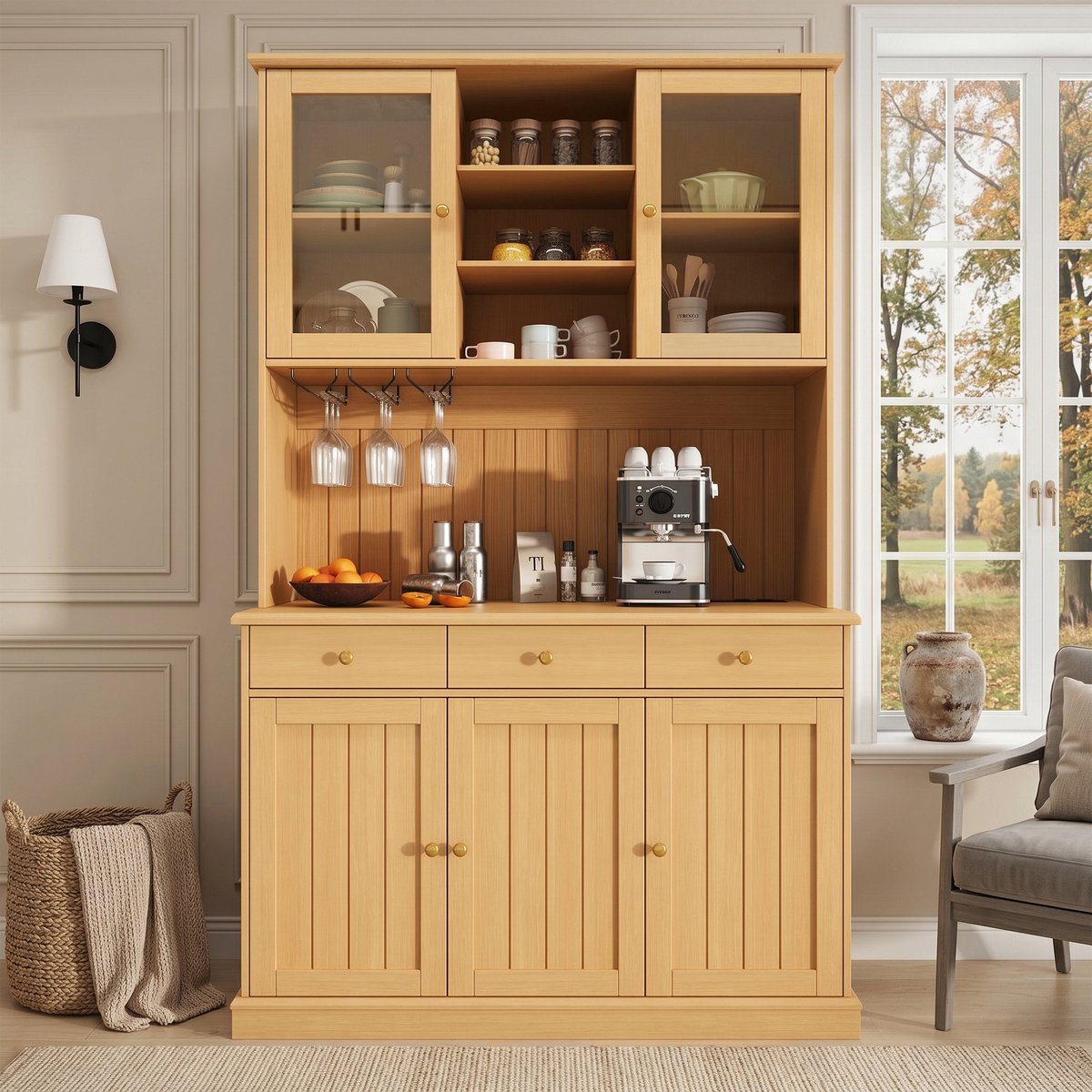 VVBV Buffetkast 120x40x191 cm - Verstelbare Planken, Opbergruimte, USB-Aansluiting, Glazen Deuren - Naturel, Spaanplaat