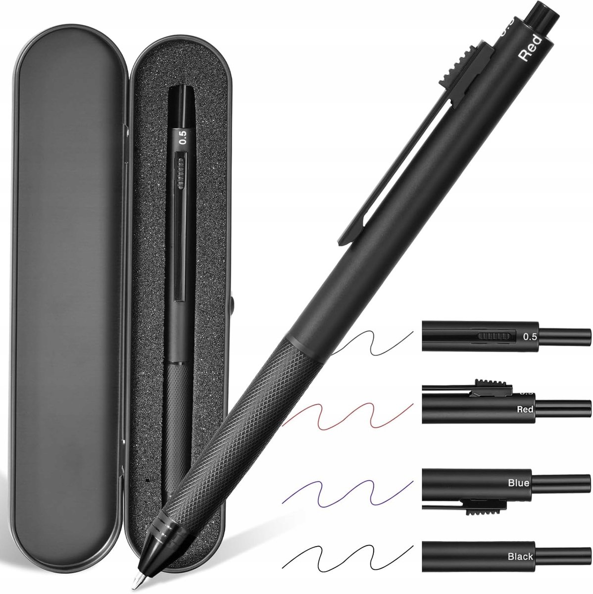 Merkloos 4-in-1 Pen met Potlood en Etui - Zwart, Blauw, Rood