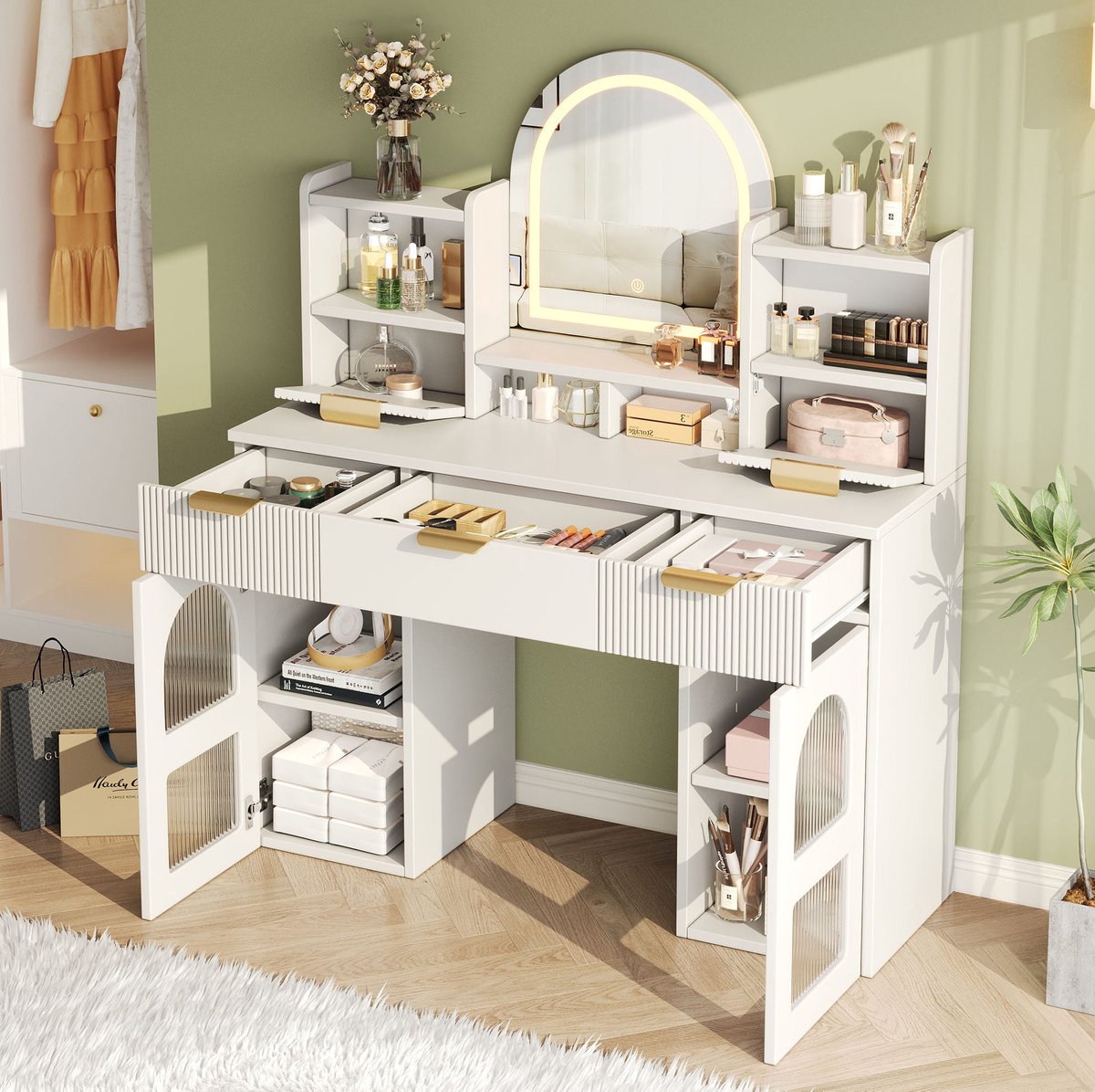 Desmiu Kaptafel – LED-Verlichting En Spiegel – 120 X 40 X 139,5 Cm – MDF En Spaanplaat – Wit – Opbergen En Stylen In De Slaapkamer