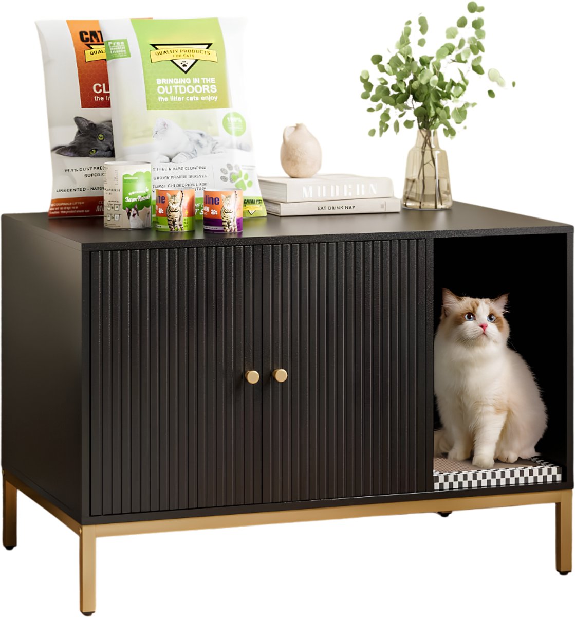 VALI® Kattenhuis - Dubbele Deuren - Kattenbak Ombouw - Kattenbak Kast - Zwart - 55cm x 50cm x 55cm