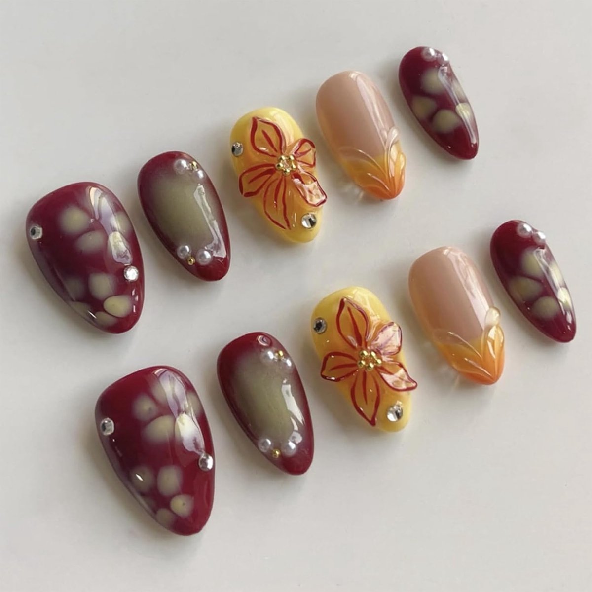On Nails 24 stuks 3D Roodbloemen, Jelly Gel Valse Nagels Kunststof Nagels aanplakkit, Kristal Design voor Vrouwen Meisjes