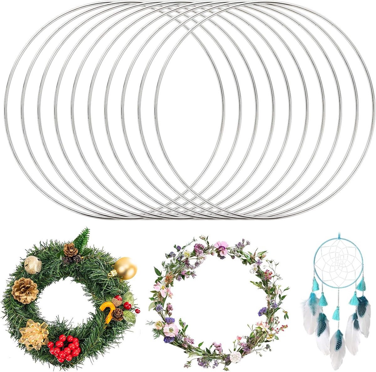 10 stuks 20 cm metalen ringen om te knutselen, zilveren metalen ring decoratieve ring, sterke metalen ringen om op te hangen voor huisdecoratie, wandtapijt, dromenvanger, DIY-guirlandes