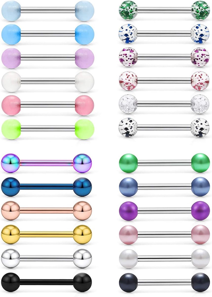 Vcmart Tongpiercingset, 24 stuks, 14G chirurgisch staal, tong, staafje, 12/14/16/18 mm, verschillende ballen, 14 mm, Roestvrij staal