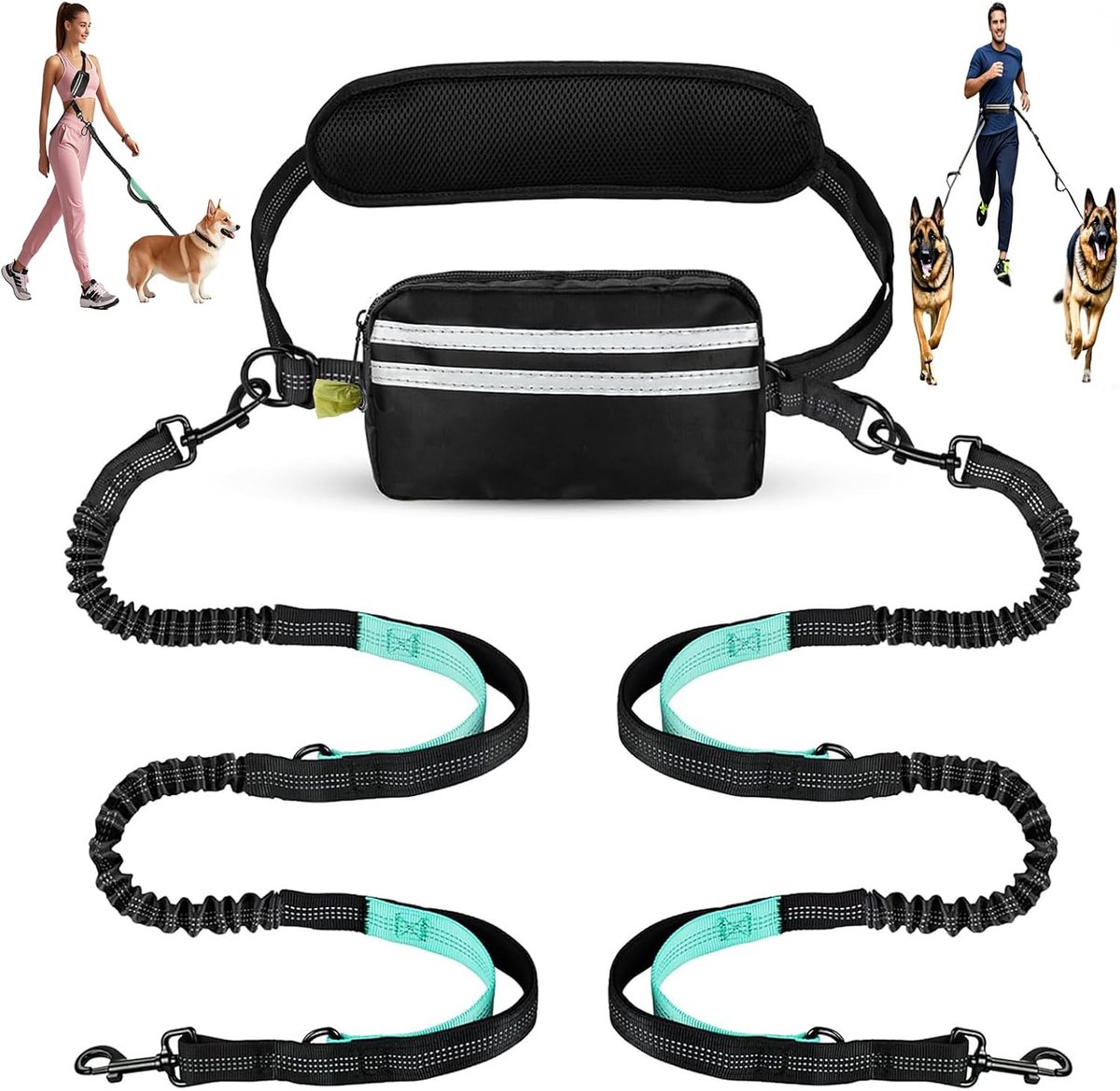 Hondenriem Handsfree Antitrek Bungee Zwart/Blauw | Taille/crossbody, opbergtas, reflecterend, 2 gevoerde handvatten, past voor grote honden