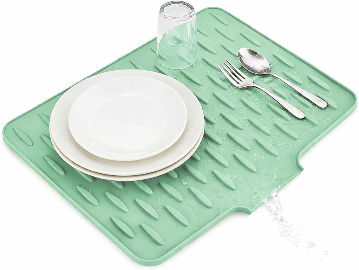 Afdruipmat met Afvoer Lichtgroen 40 x 32 cm – Schuin Ontwerp voor Snelle Waterafvoer, Antislip Droogmat Aanrecht, Hittebestendige Afdruiprek Mat voor Keuken & Gootsteen