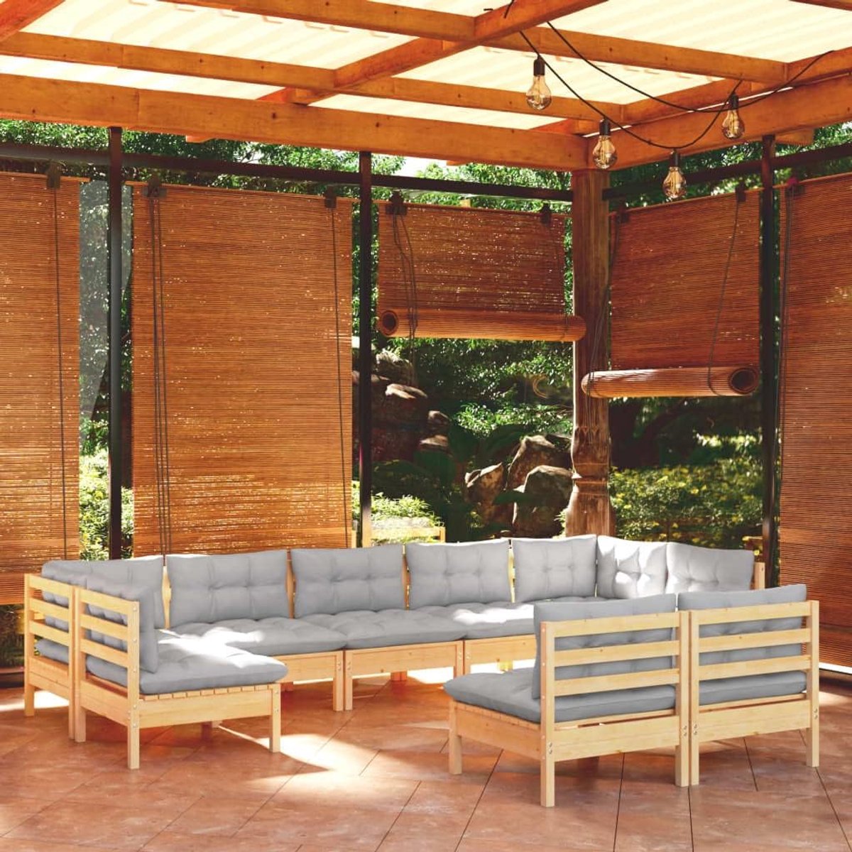 Tuinloungeset 9-delig - Massief grenenhout - Grijze kussens - Ideaal voor ontspanning - SnelShoppen