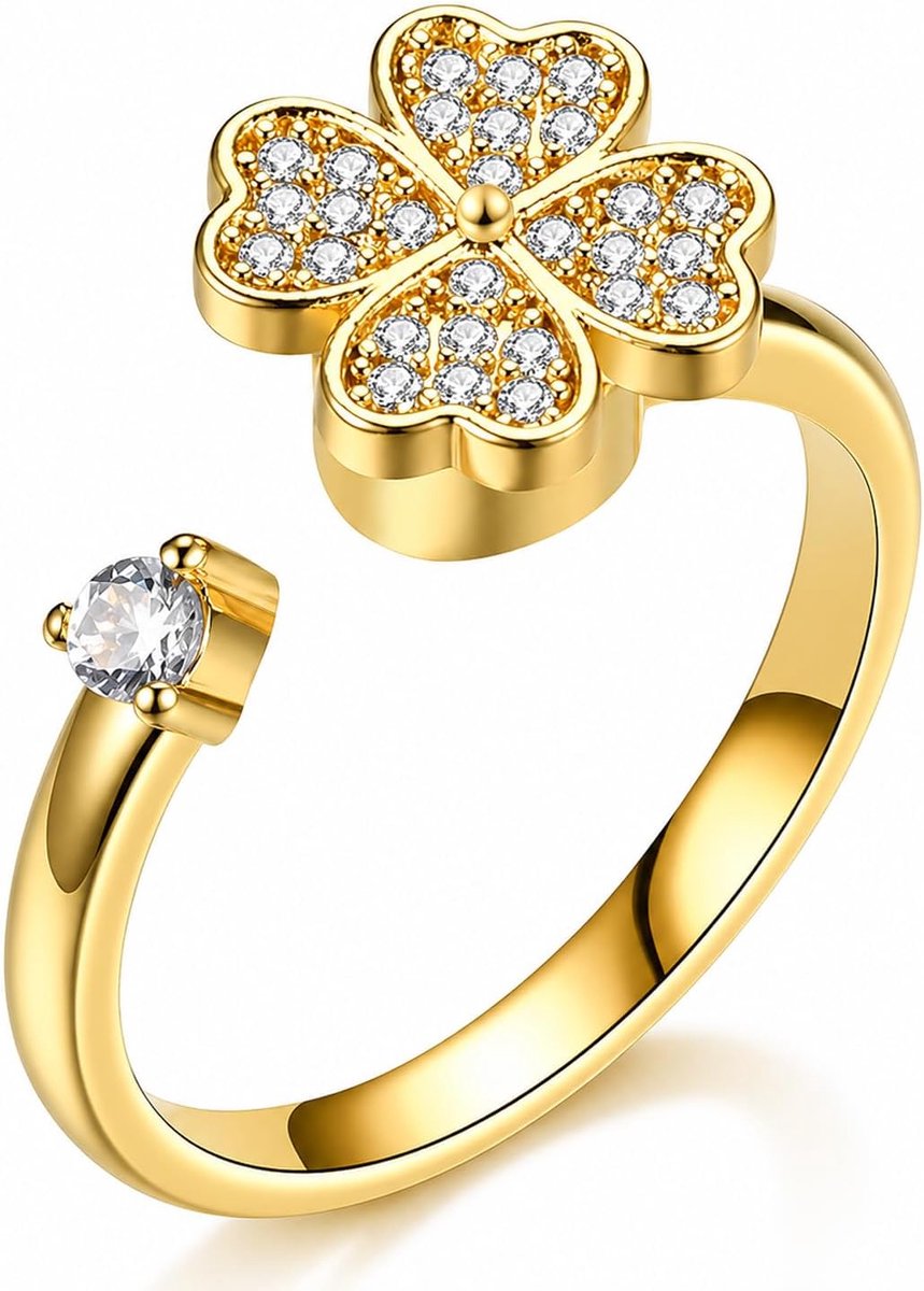 Anti-stress-ring voor dames, spinner ring met draaibare bloem, roestvrij staal, angstring, verstelbaar, stressring met fonkelende sierstenen, open duimring als cadeau