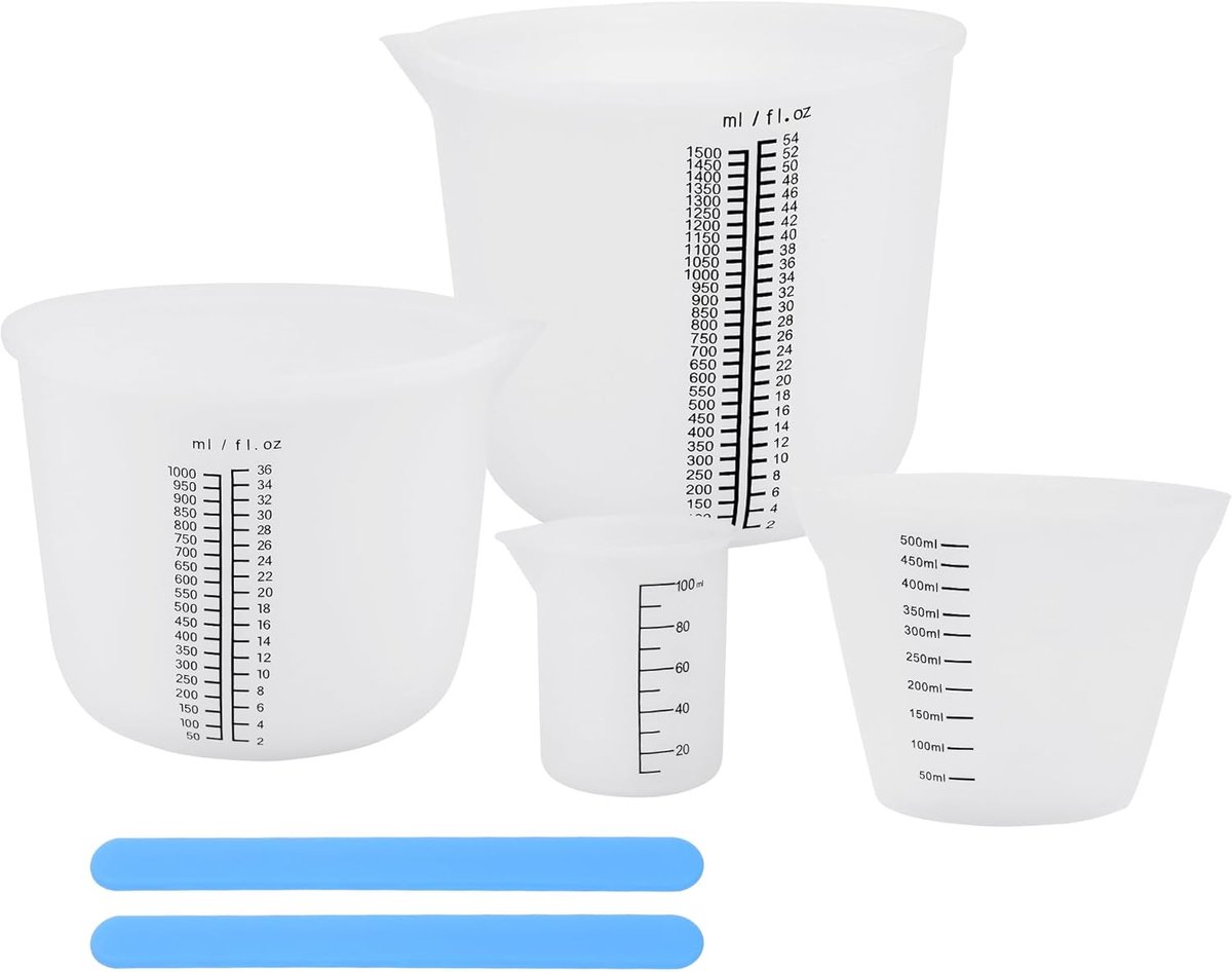 Maatbekerset voor epoxyhars, 1500 ml/1000 ml/500 ml/100 ml, maatbeker van siliconen, doe-het-zelf, gemakkelijk te reinigen