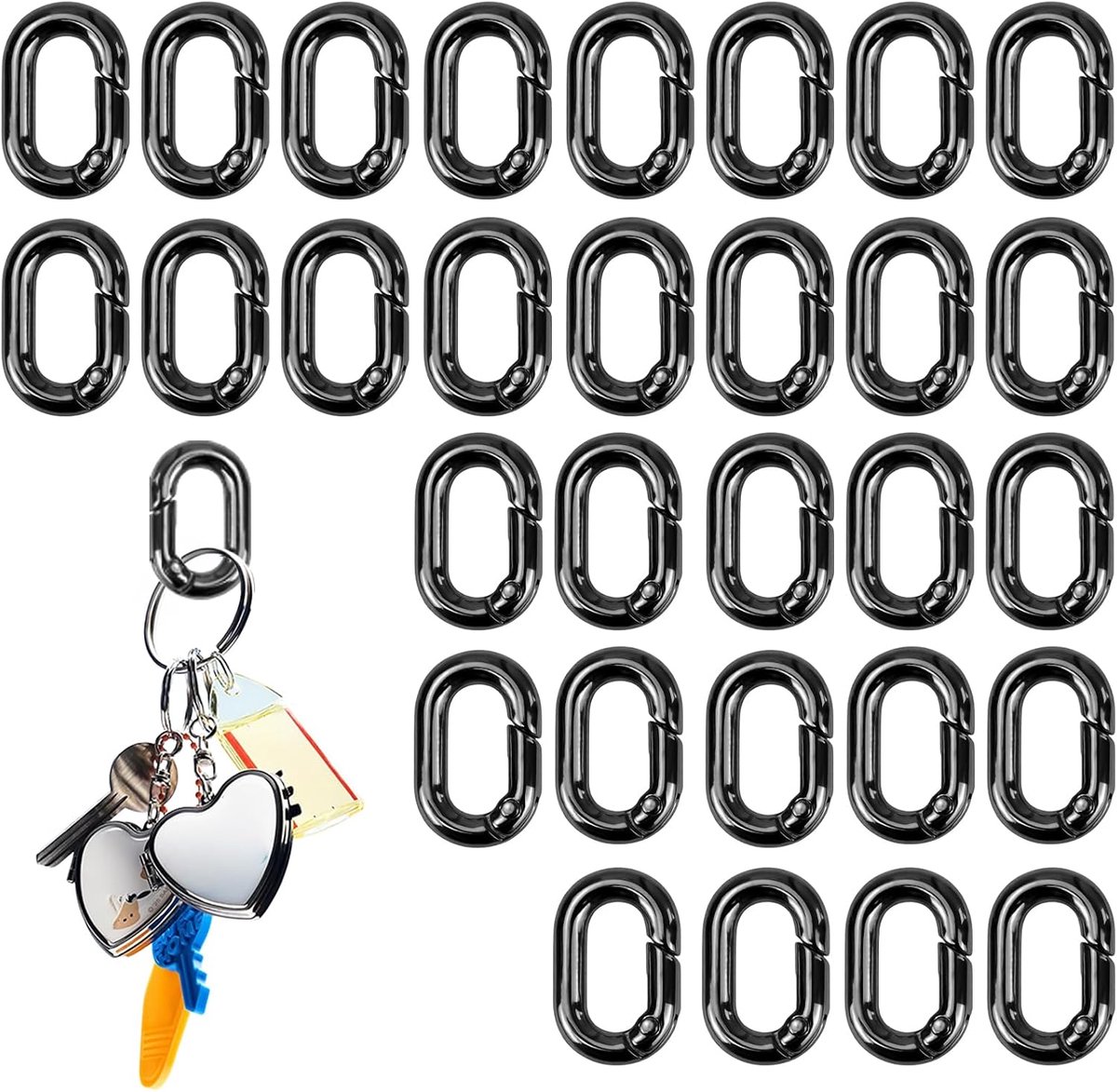 30 stuks sleutelringen klein zwart, ovale metalen ring, 24,5 x 16 mm | Zinklegering sleutelhanger ringen, sleutelringen met veer, tasringen, voor rugzakken, sleutels en hangers