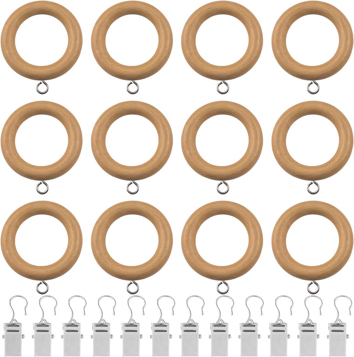 12 stuks houten gordijnringen met haken, soepel glijdende gordijnlussen en clips voor gordijnroeden, decoratieve natuurlijke houten ringset voor klassieke woondecoratie (Dia 35 mm)