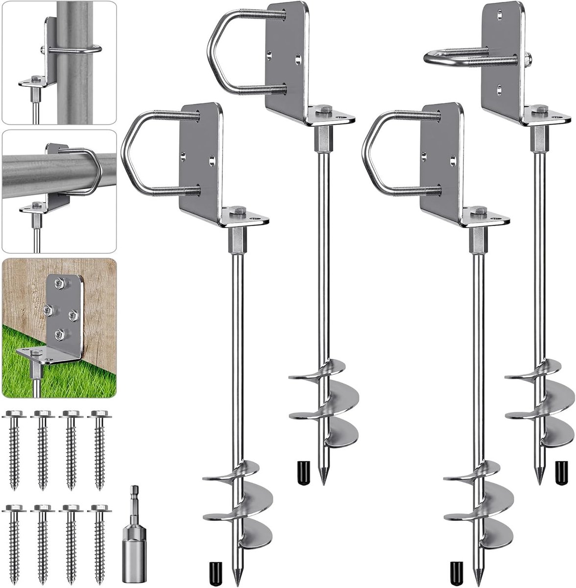 Tent Peg, 69 cm Heavy Duty Grondanker Grote Metalen Aarde Zand Staak Spiraal Blade Schroef in Trampolines Spike voor Swing Kit/Camping/Schuur/Hond/Carport met Vaste Plaat Lus, 4 Pack