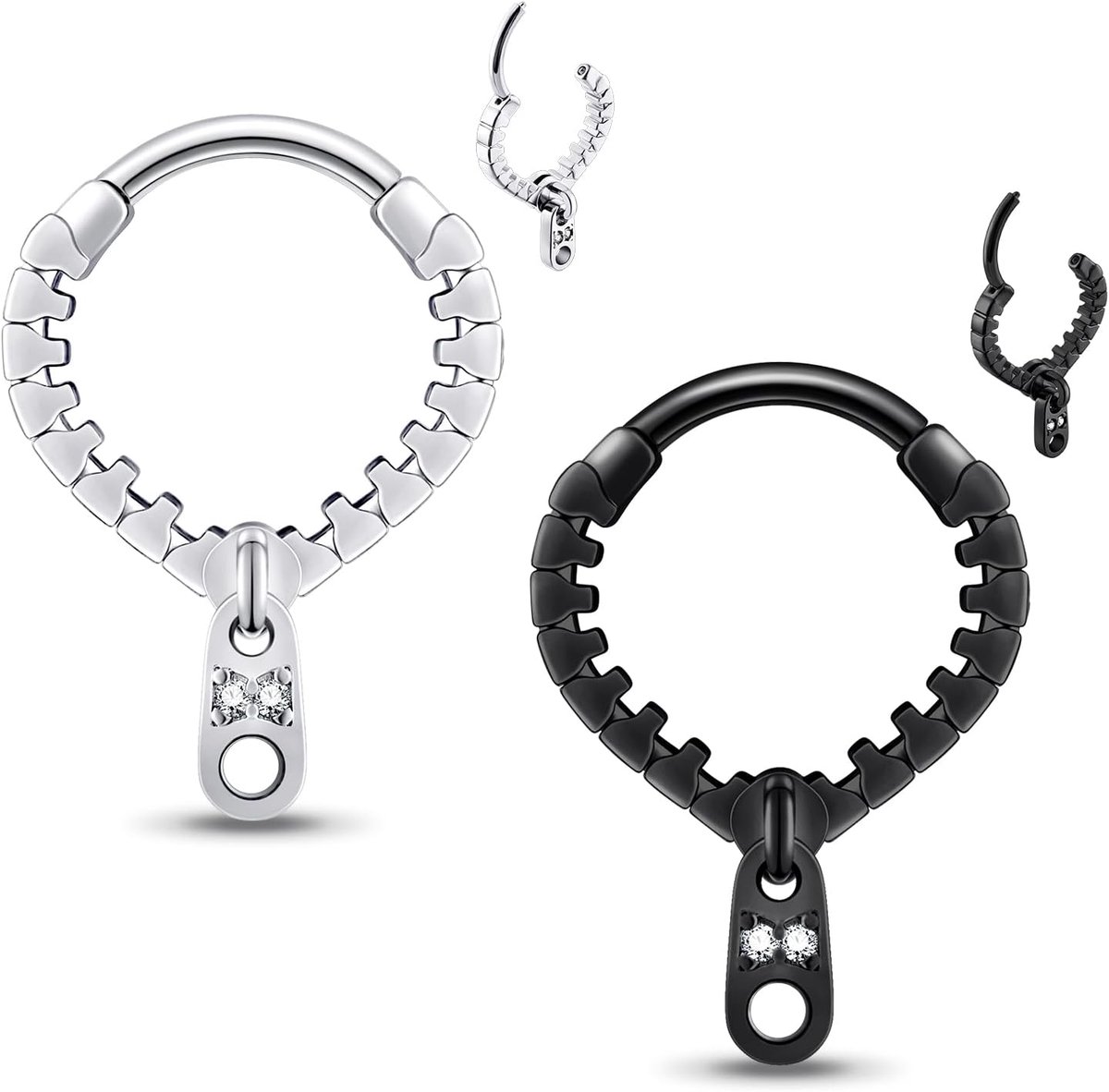 Ringen, hoepelpiercing, klikkerring, zilver, zwart, roestvrij staal, kraakbeenoorring, ritssluiting, inklapbare segmentring, conch, daith, helix, rook, tragus, piercing, sieraad