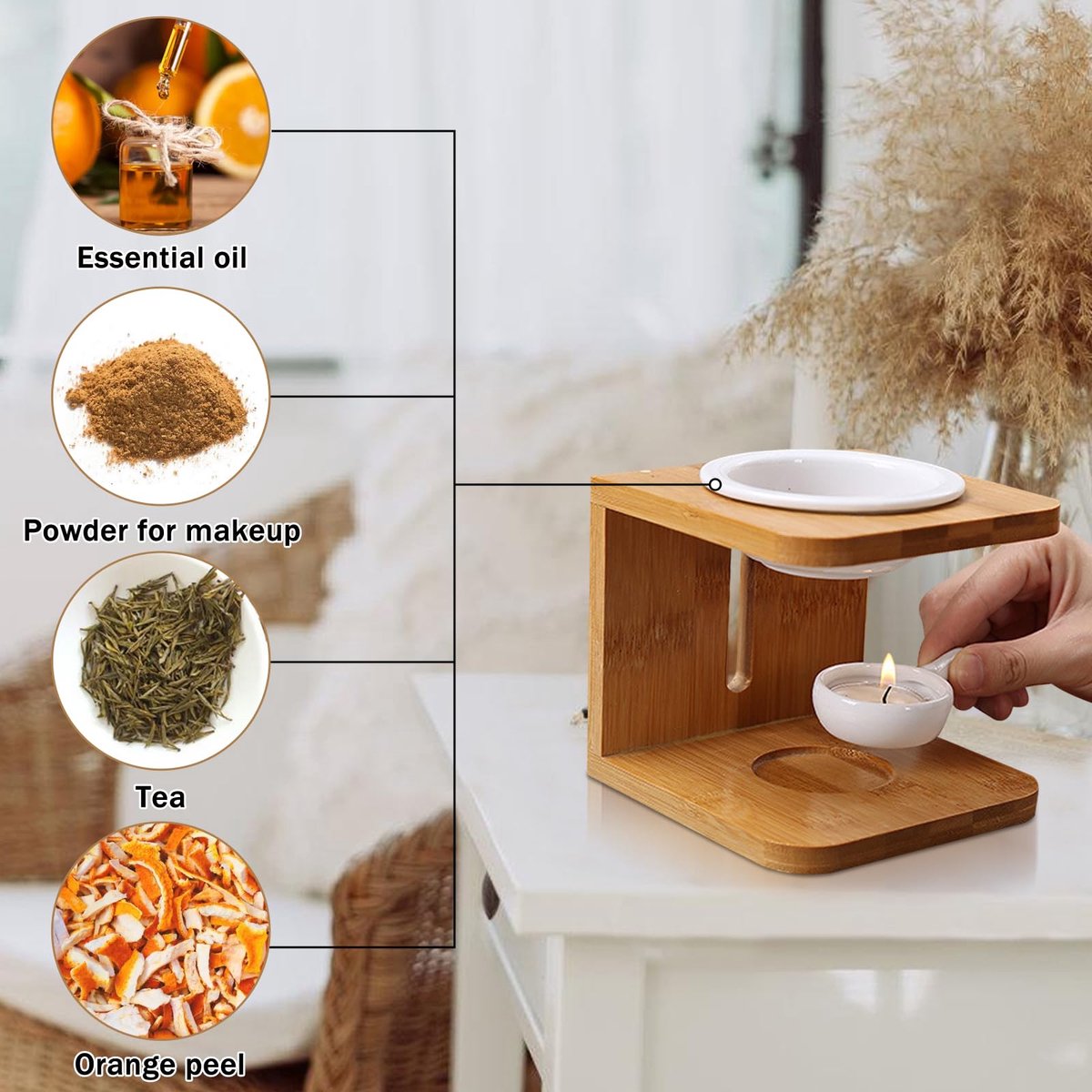 Geurlamp voor etherische oliën en geurwas: keramisch ​ ​ ​ Bamboe​ geurbrander, geurolie lamp diffuser, aromalamp voor aromatherapie​ voor ontspanning thuis, op kantoor, spa (12 x 12 x 11,5 cm) — cadeau in Cadeau-ideeën - foto 2