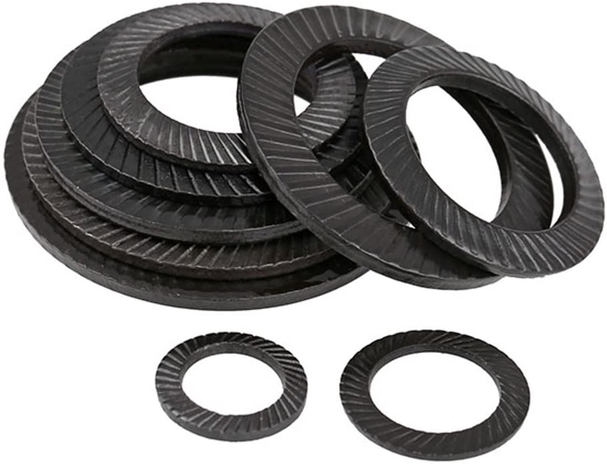 Afsluitring van koolstofstaal Ronde dubbelzijdige tandenring Zwart Zelfborgende sluitring met anti-losraken, 20 pcs