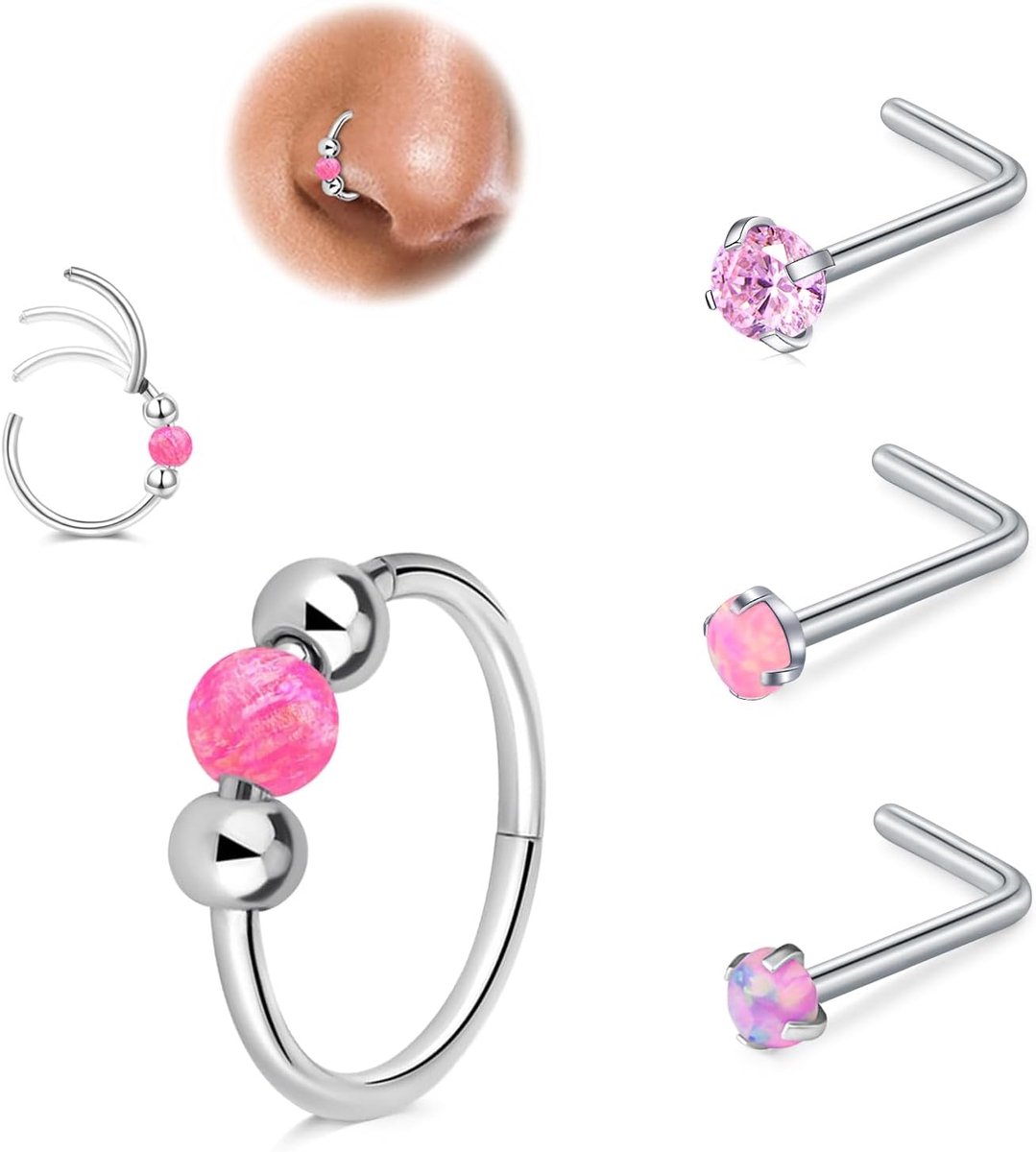 Neuspiercing, set van 4 stuks, 18 g, 20 g, ringd clicker, segment, neusring, chirurgisch staal, L-vorm, spiraal, opaal, CZ ringen, neusstud
