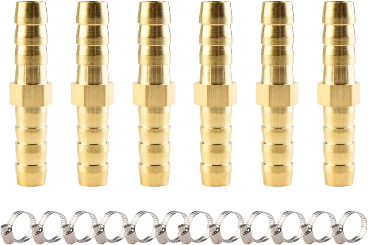 Hose aansluiting set 6mm - 2-weg messing koppelingen - met 12 slangklemmen - voor lucht, water en brandstof - ShopVlot