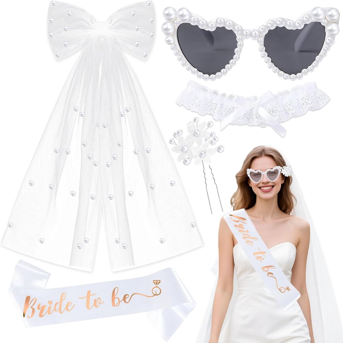 Bruidsaccessoires set - 5-delig - Sluiers, zonnebril, riem en haaraccessoires - Perfect voor bruiloften - ShopVlot