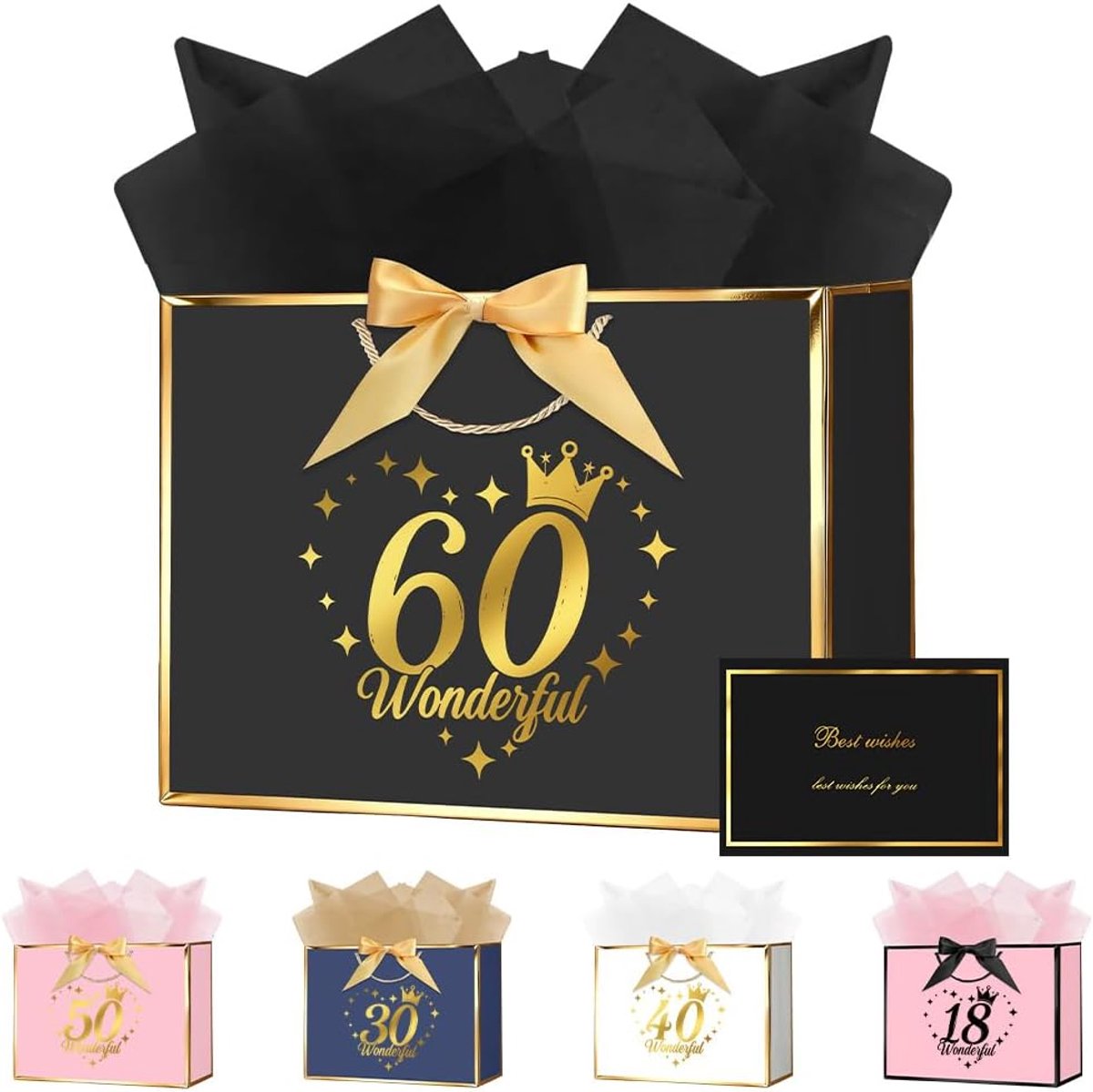 Cadeauzakje voor verjaardag 28 x 20 x 10 cm - zwart met trekkoord - inclusief cadeaupapier en wenskaart - ShopVlot