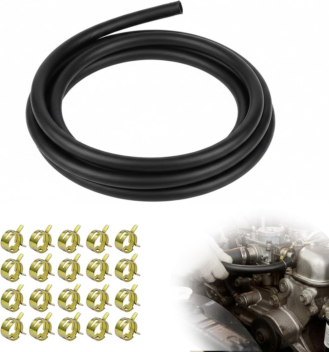 Brandstofslangenset 5mm 2.4m - Versterkte rubber - Inclusief 20 slangklemmen - Ideaal voor motor en tuingereedschap - ShopVlot
