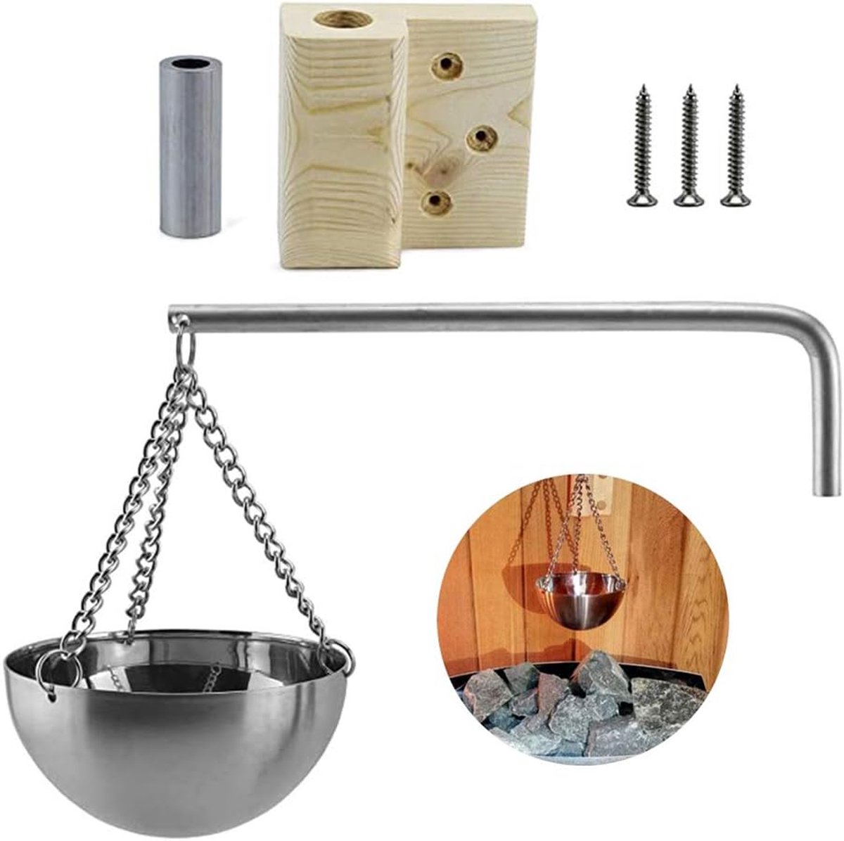 Saunaoliebeker 12CM - Roestvrij staal en hout - Hangende geurverspreider - Ideaal voor sauna's - ShopVlot