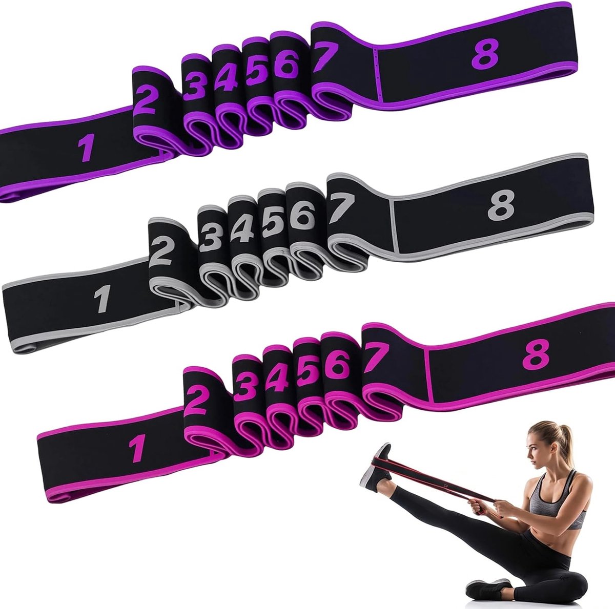 Yoga-stretchbanden 3 stuks - weerstandsbanden met 8 lussen - zeer elastisch - ideaal voor pilates en yoga - ShopVlot