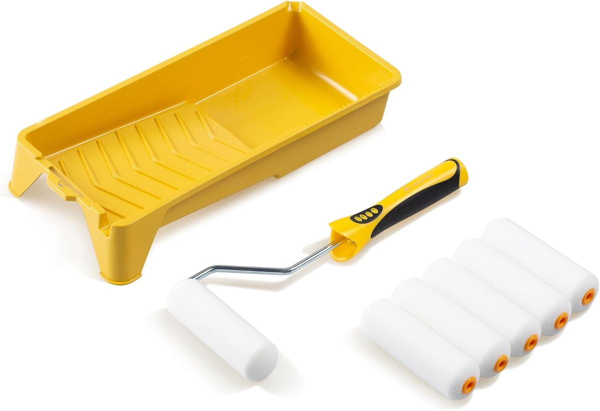Mini verfroller set 10,2 cm - incl. tray en rubber handvat - voor schilderen van muren en meubels - verbeterde grip - ShopVlot